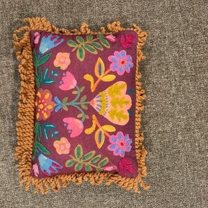 NATURAL LIFE Burgundy Floral Embroidered Pillow with Mustard Fringe
